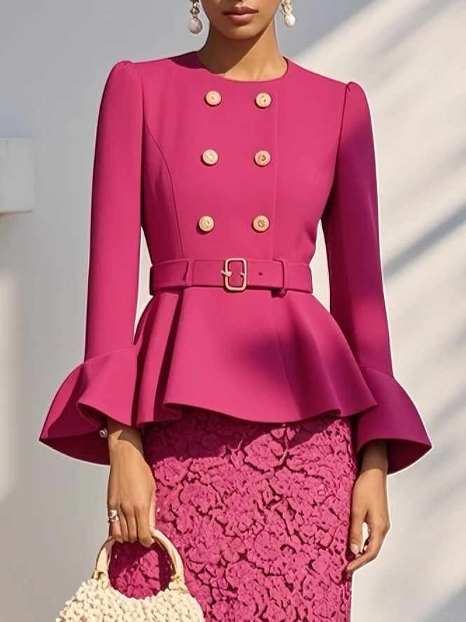 Women Rose Red Buckle Lace Crew Neck Long Sleeve Bell Sleeve Dressy Coat With Skirt Two-Piece Set