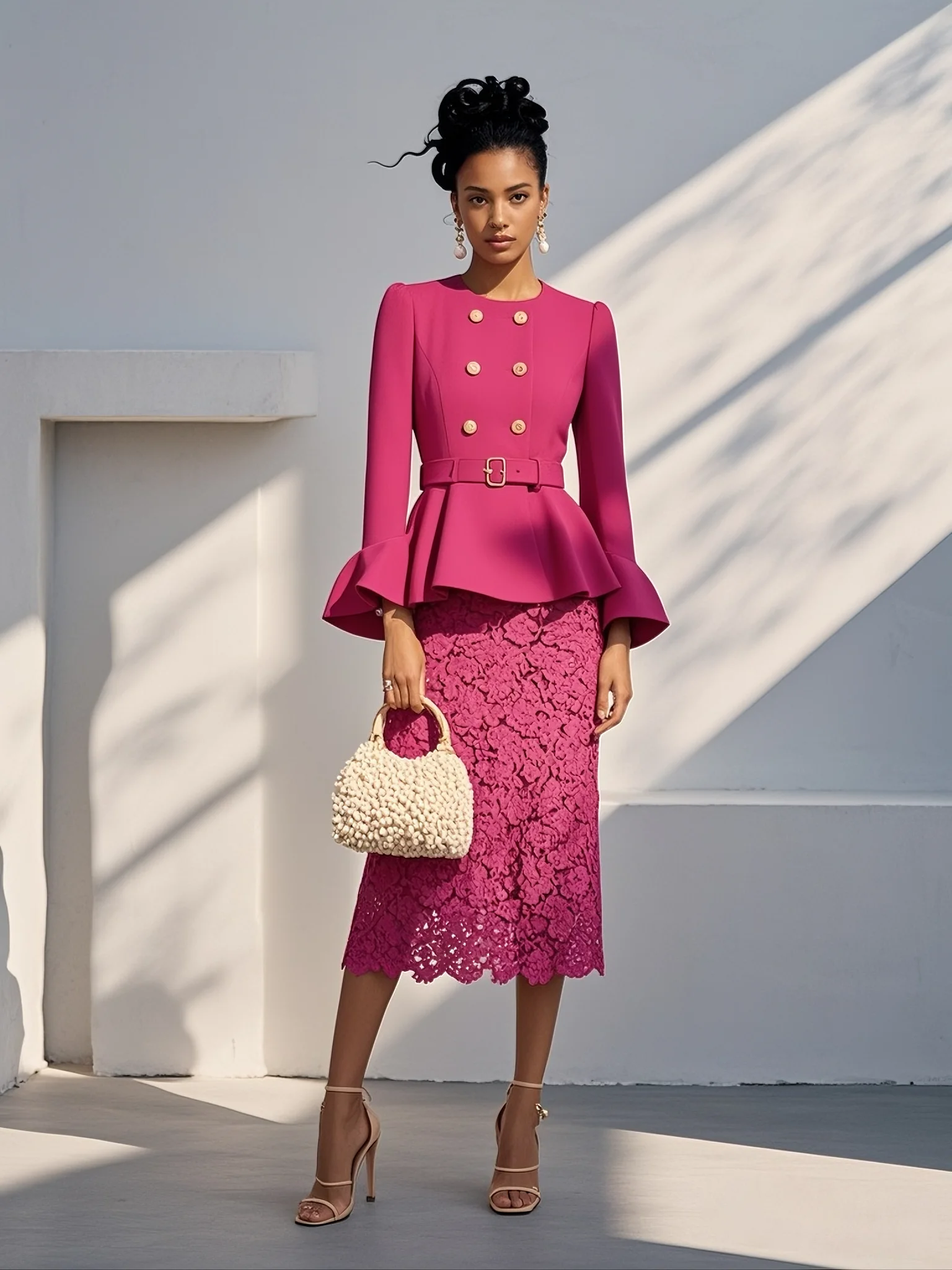 Women Rose Red Buckle Lace Crew Neck Long Sleeve Bell Sleeve Dressy Coat With Skirt Two-Piece Set