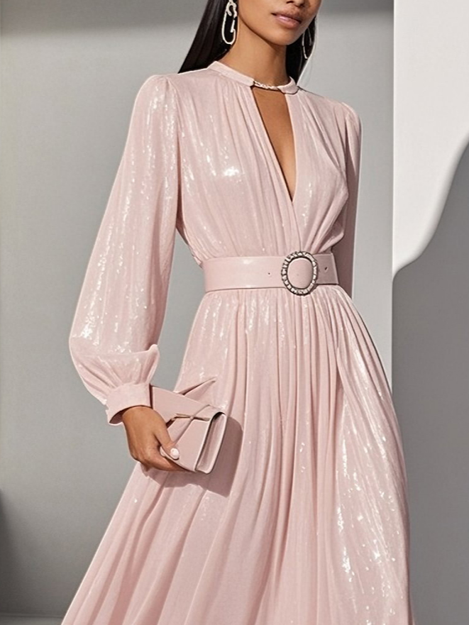 Light Pink Classic V Neck Long Sleeve Balloon Sleeve A-Line Maxi Dress