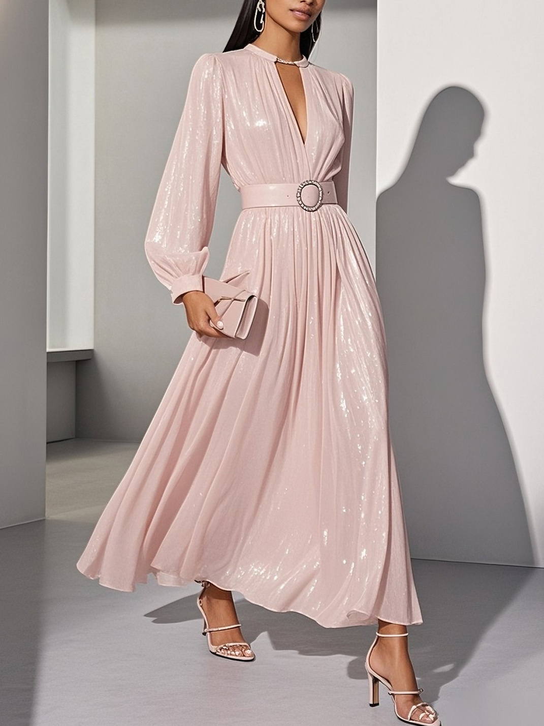 Light Pink Classic V Neck Long Sleeve Balloon Sleeve A-Line Maxi Dress