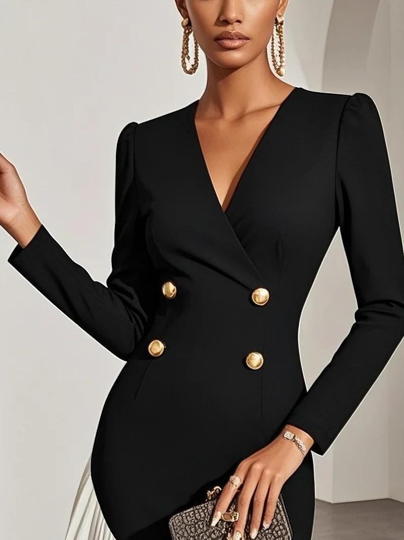 Black Irregular Craftsmanship Pleated Blazer V Neck Long Sleeve Sheath Midi Dress