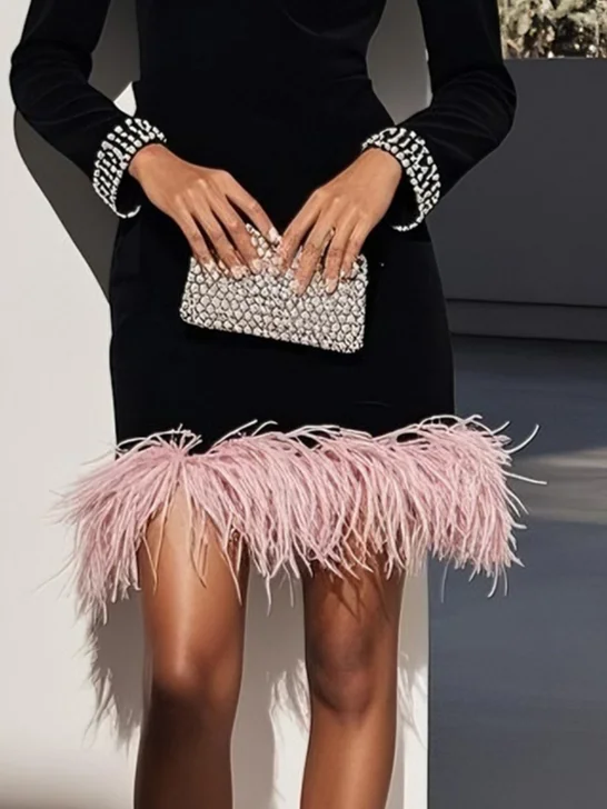 Black Rhinestone Feather-trimmed Velvet Mock Neck Long Sleeve Sheath Mini Dress