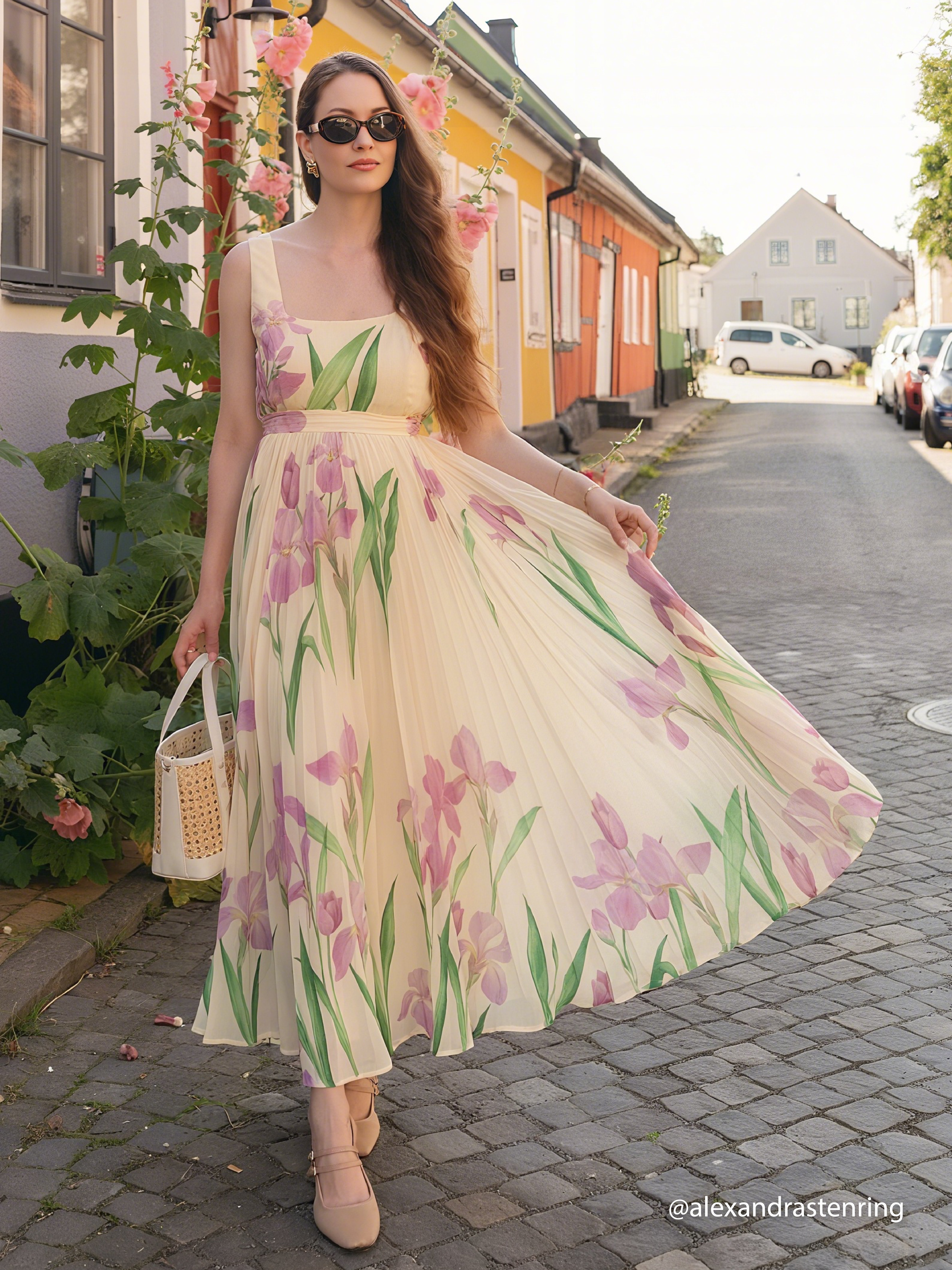 White Pleated Floral Chiffon Square Neck Sleeveless A-Line Maxi Dress
