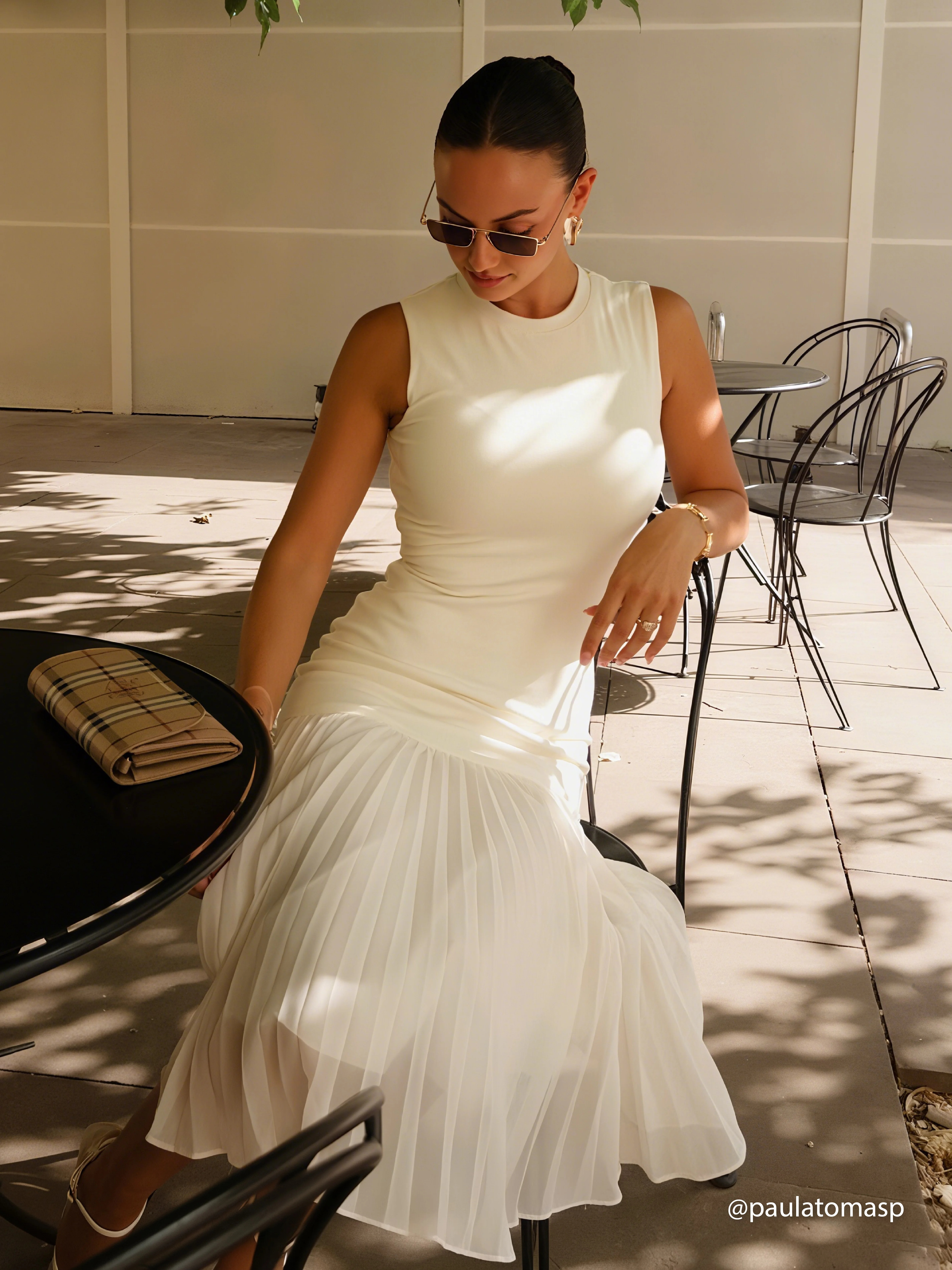 Beige Pleated Knit Crew Neck Sleeveless A-Line Midi Jersey Dress