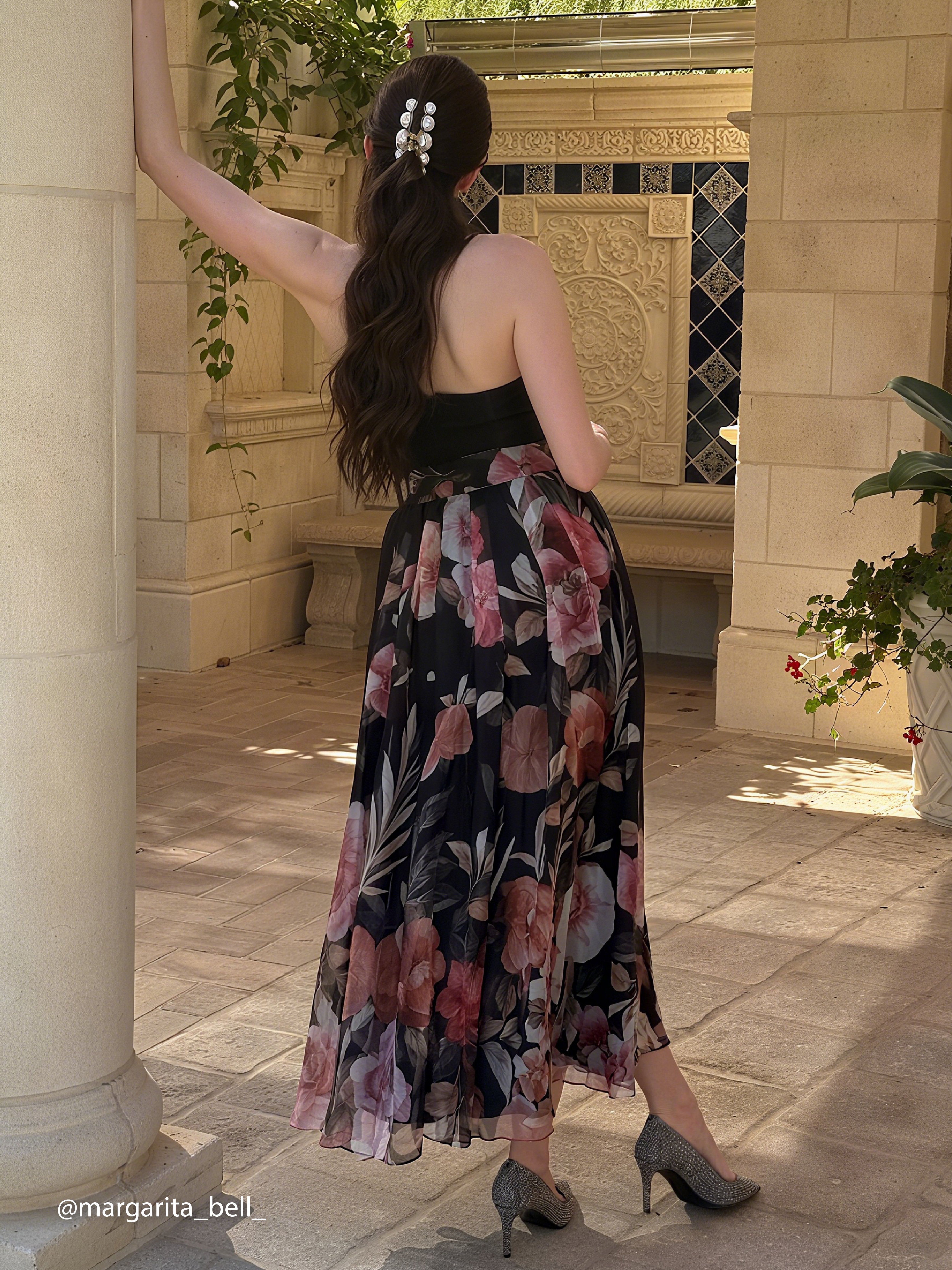 Black Floral Chiffon Strapless Sleeveless A-Line Midi Dress