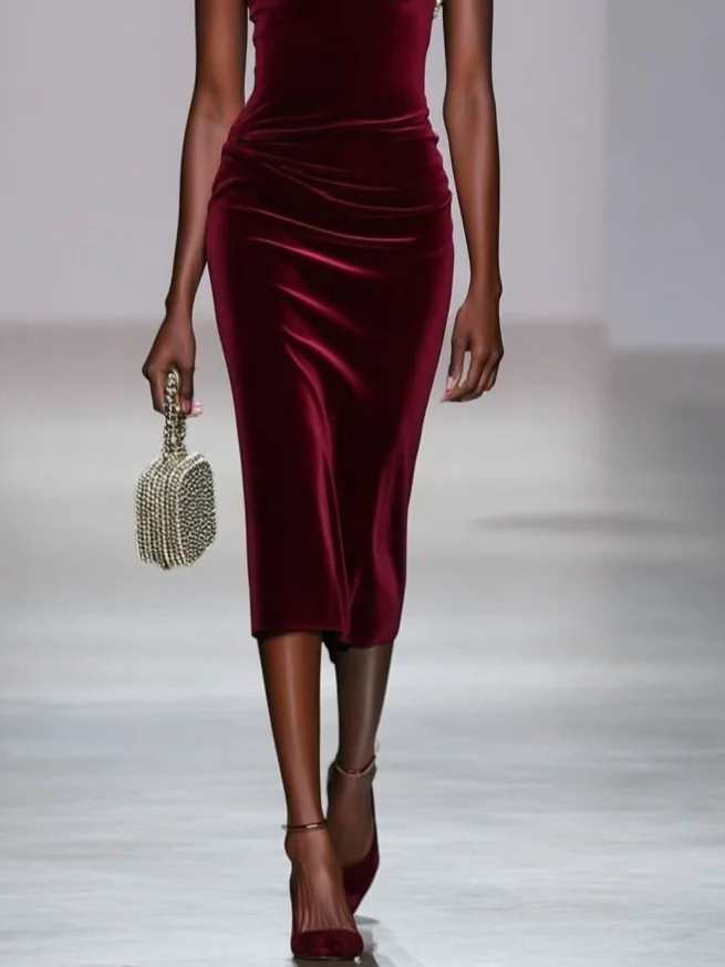 Wine Red Rhinestone Ruched Velvet One Shoulder Sleeveless Sheath Midi Dress