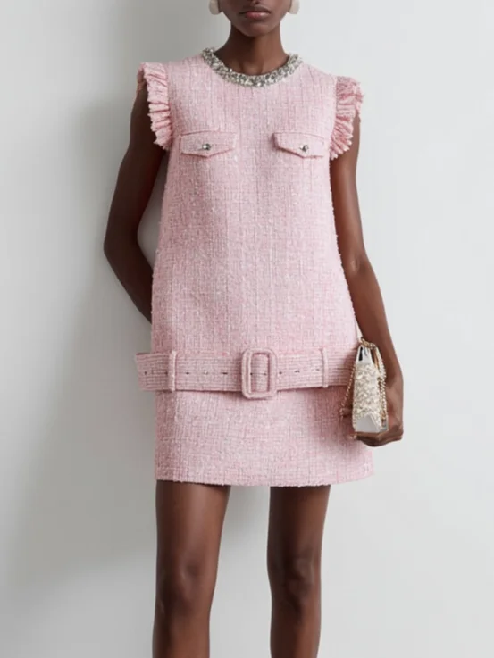 Pink Rhinestone Peplum Tweed Crew Neck Sleeveless A-Line Mini Dress