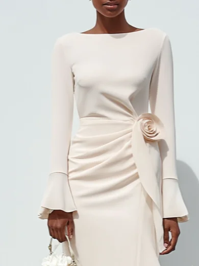 Cream White 3D Floral Ruched Classic Boat Neck Long Sleeve Sheath Midi Dress
