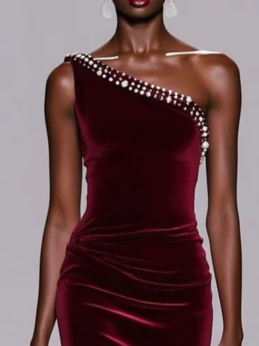 Wine Red Rhinestone Ruched Velvet One Shoulder Sleeveless Sheath Midi Dress