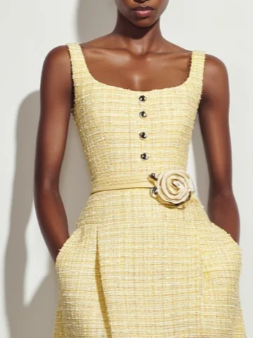 Yellow 3D Floral Buckle Tweed U-Neck Sleeveless A-Line Midi Dress