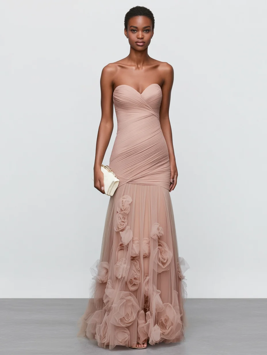 Pink 3D Floral Ruched Tulle Strapless Sleeveless Mermaid Gown Dress