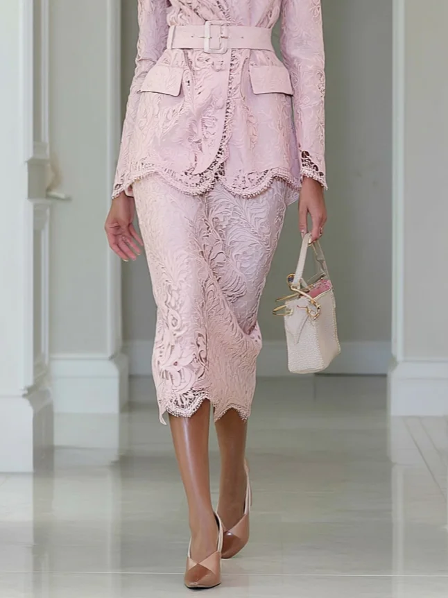 Women Pink Lace Pocket Stitching Shawl Collar Long Sleeve Elegant Coat With Skirt Two-Piece Set