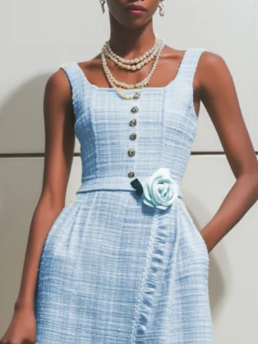 Light Blue 3D Floral Tassel Tweed Square Neck Sleeveless A-Line Maxi Dress