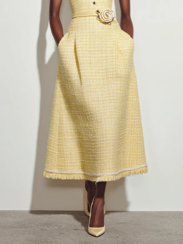 Yellow 3D Floral Buckle Tweed U-Neck Sleeveless A-Line Midi Dress