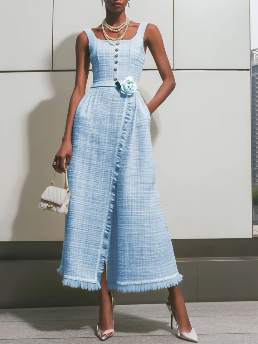 Light Blue 3D Floral Tassel Tweed Square Neck Sleeveless A-Line Maxi Dress