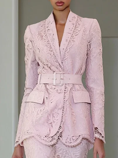 Women Pink Lace Pocket Stitching Shawl Collar Long Sleeve Elegant Coat With Skirt Two-Piece Set