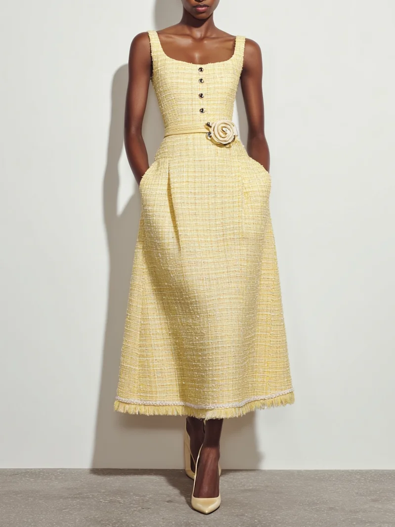 Yellow 3D Floral Buckle Tweed U-Neck Sleeveless A-Line Midi Dress