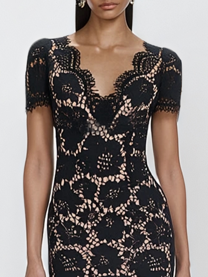 Black Lace Edge Lace V Neck Short Sleeve Mermaid Midi Dress