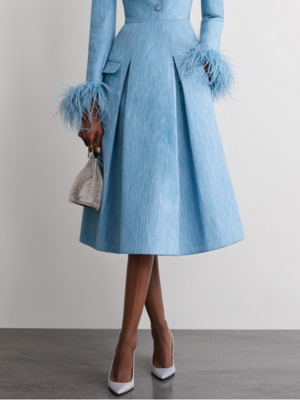 Blue Feather Buckle Classic Cold Shoulder Long Sleeve A-Line Midi Dress
