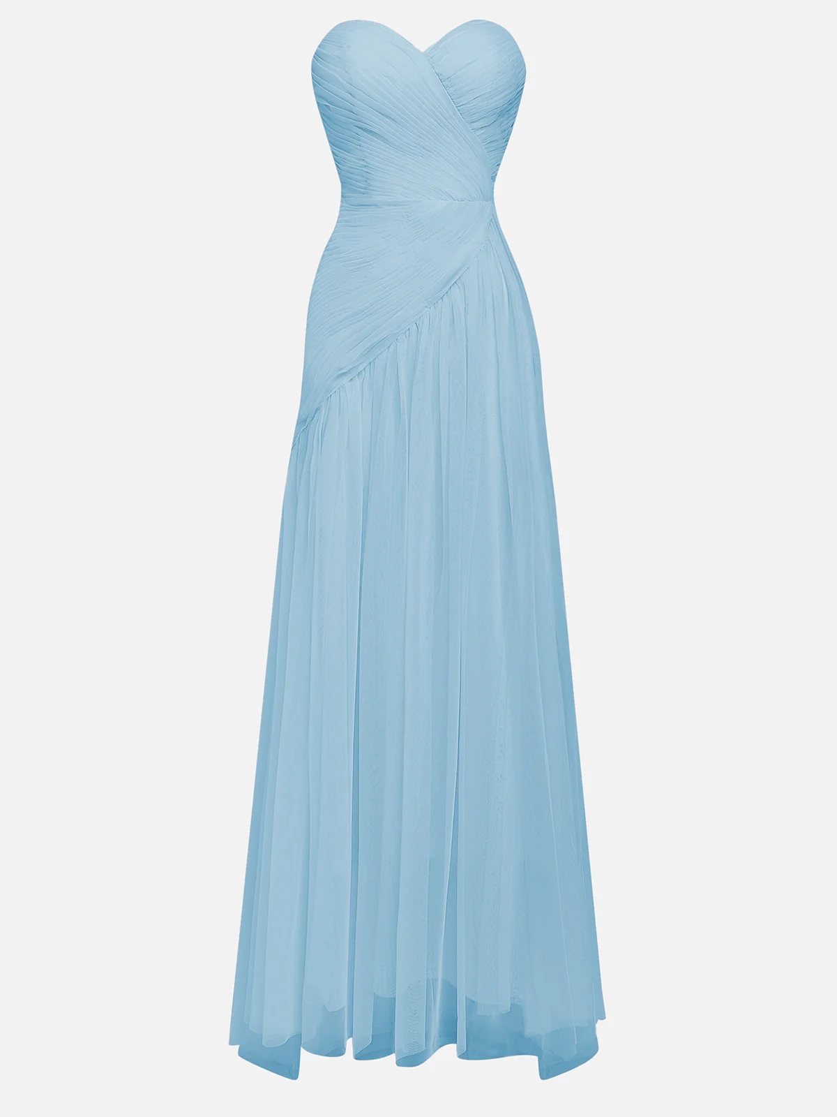 Light Blue Ruched Slit Tulle Strapless Sleeveless Sheath Gown Dress