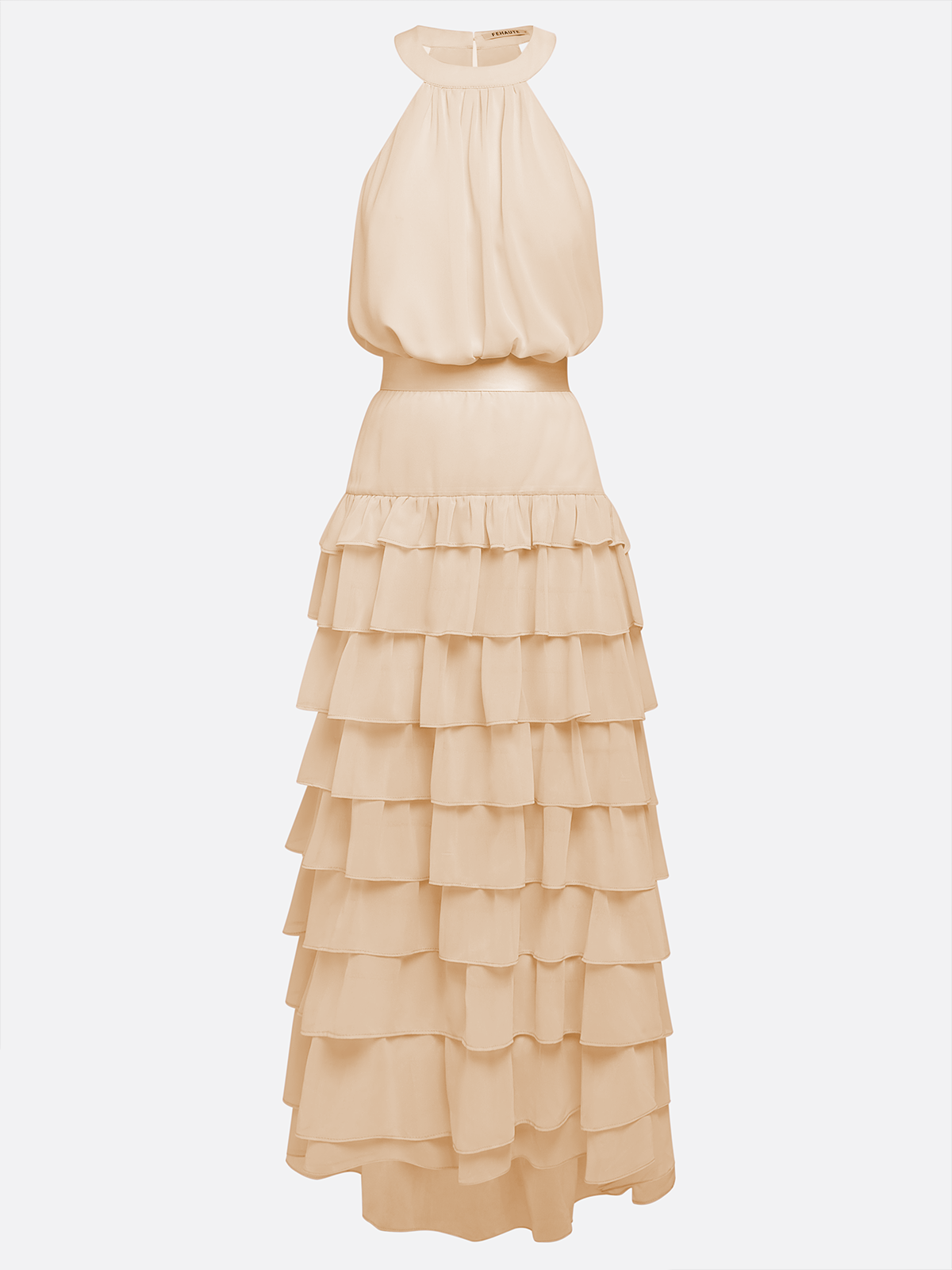 Beige Peplum Tiered Chiffon Halter Sleeveless A-Line Maxi Two-piece Dress
