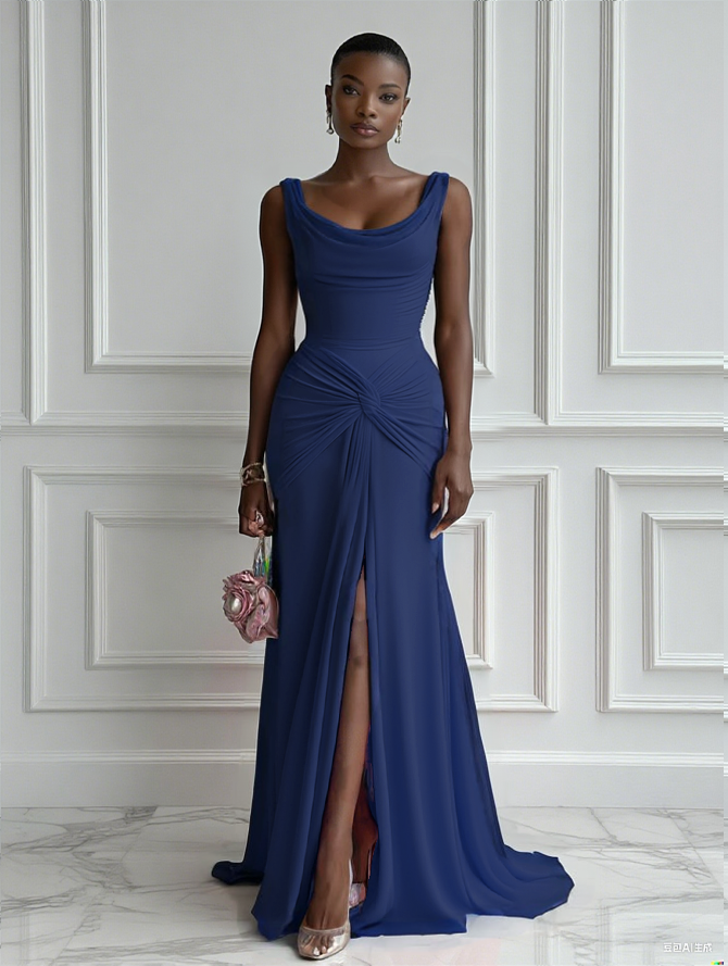 Pink Ruched Slit Formal Dress Cowl Neck Sleeveless A-Line Gown Dress