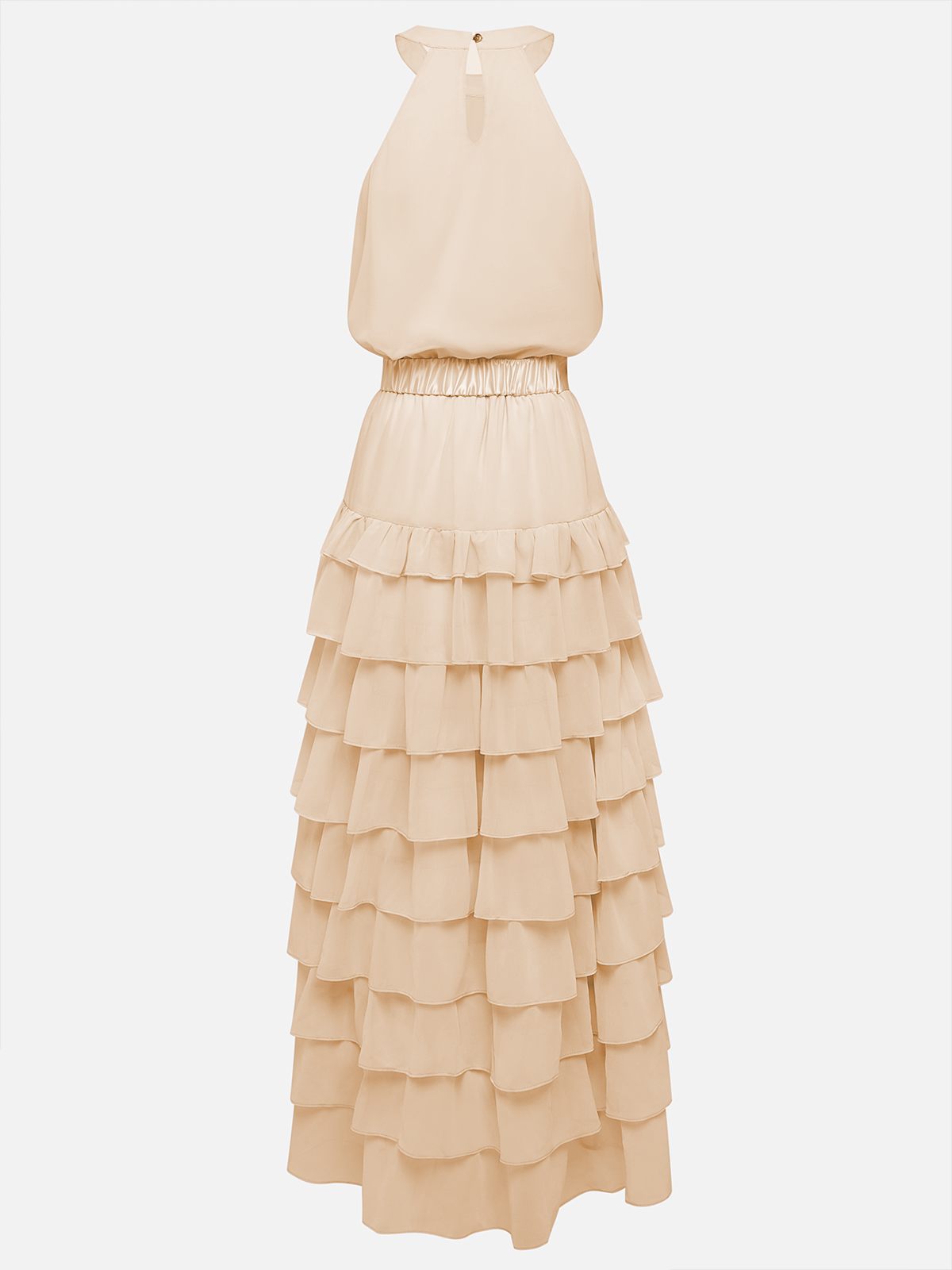 Beige Peplum Tiered Chiffon Halter Sleeveless A-Line Maxi Two-piece Dress