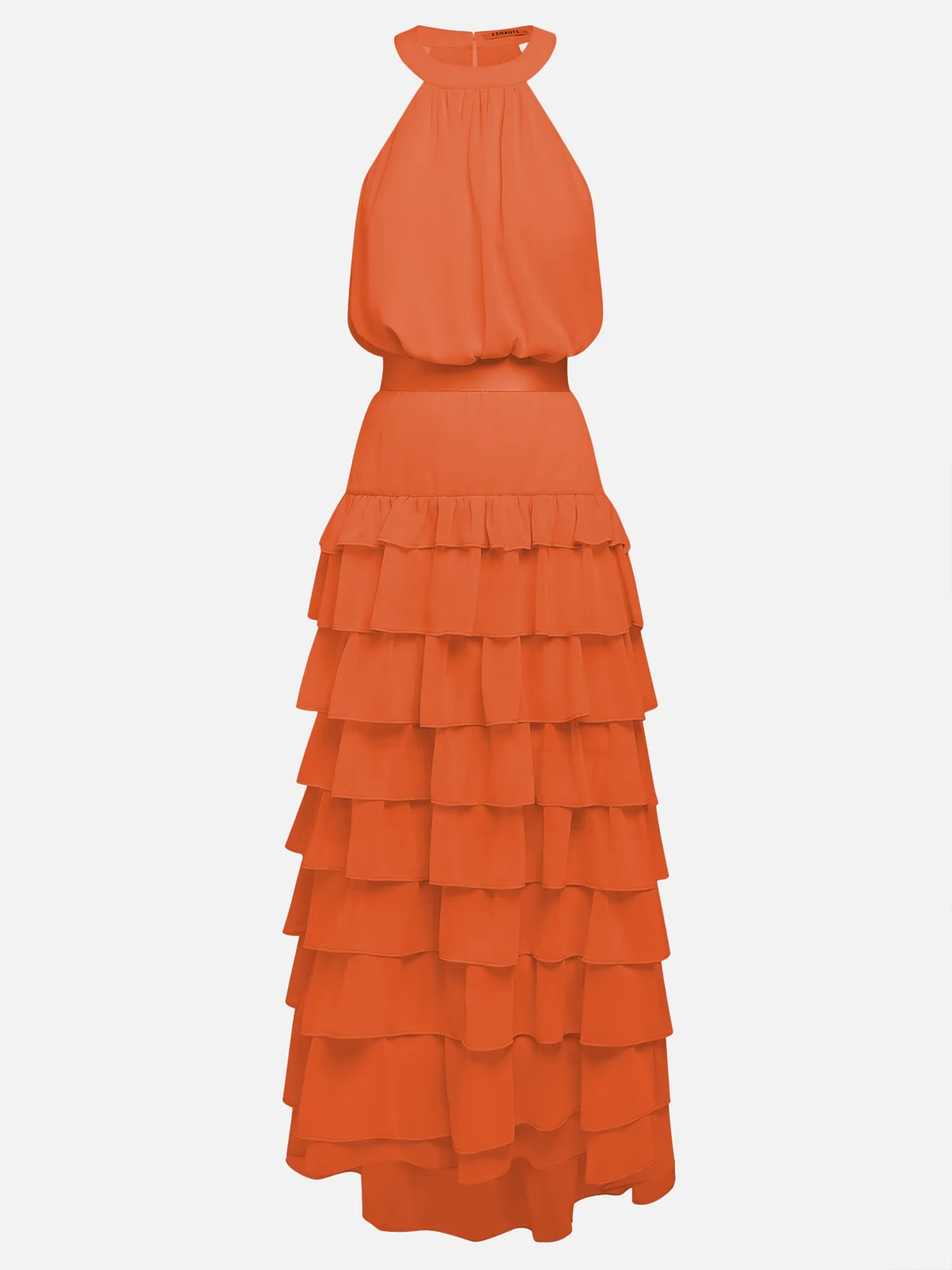 Pink Peplum Tiered Chiffon Halter Sleeveless A-Line Maxi Dress