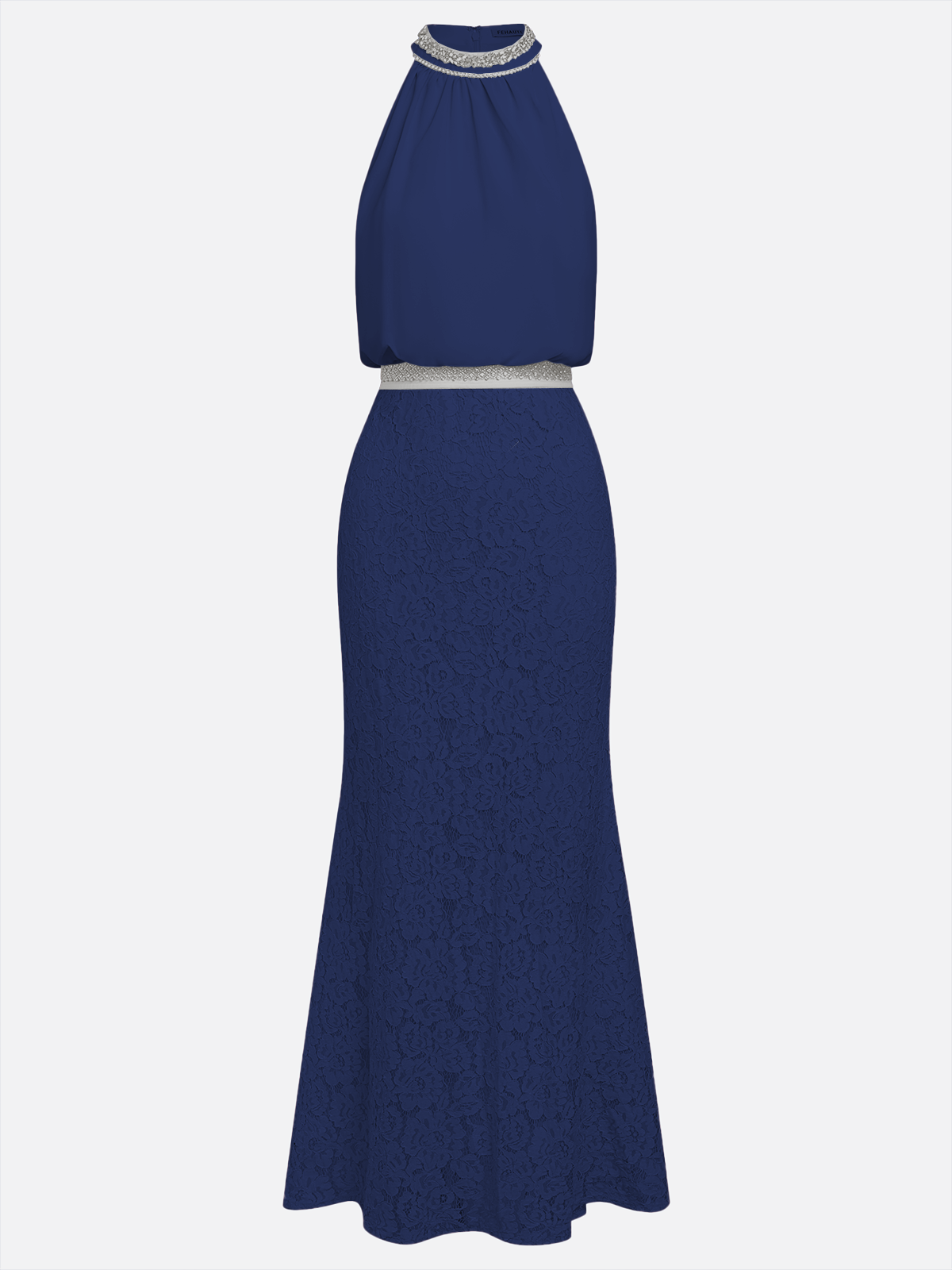 Purplish blue Rhinestone Ruched Lace Crew Neck Sleeveless Mermaid Gown Dress