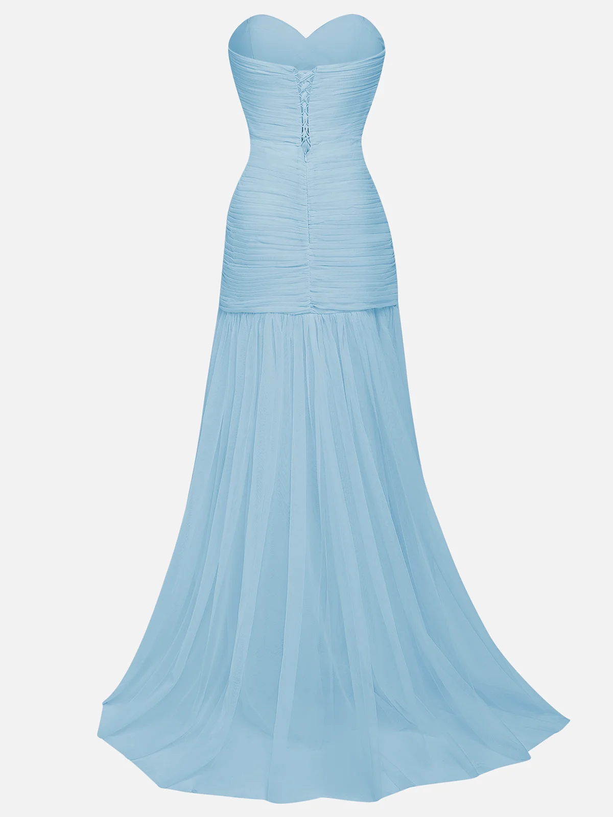 Light Blue Ruched Slit Tulle Strapless Sleeveless Sheath Gown Dress