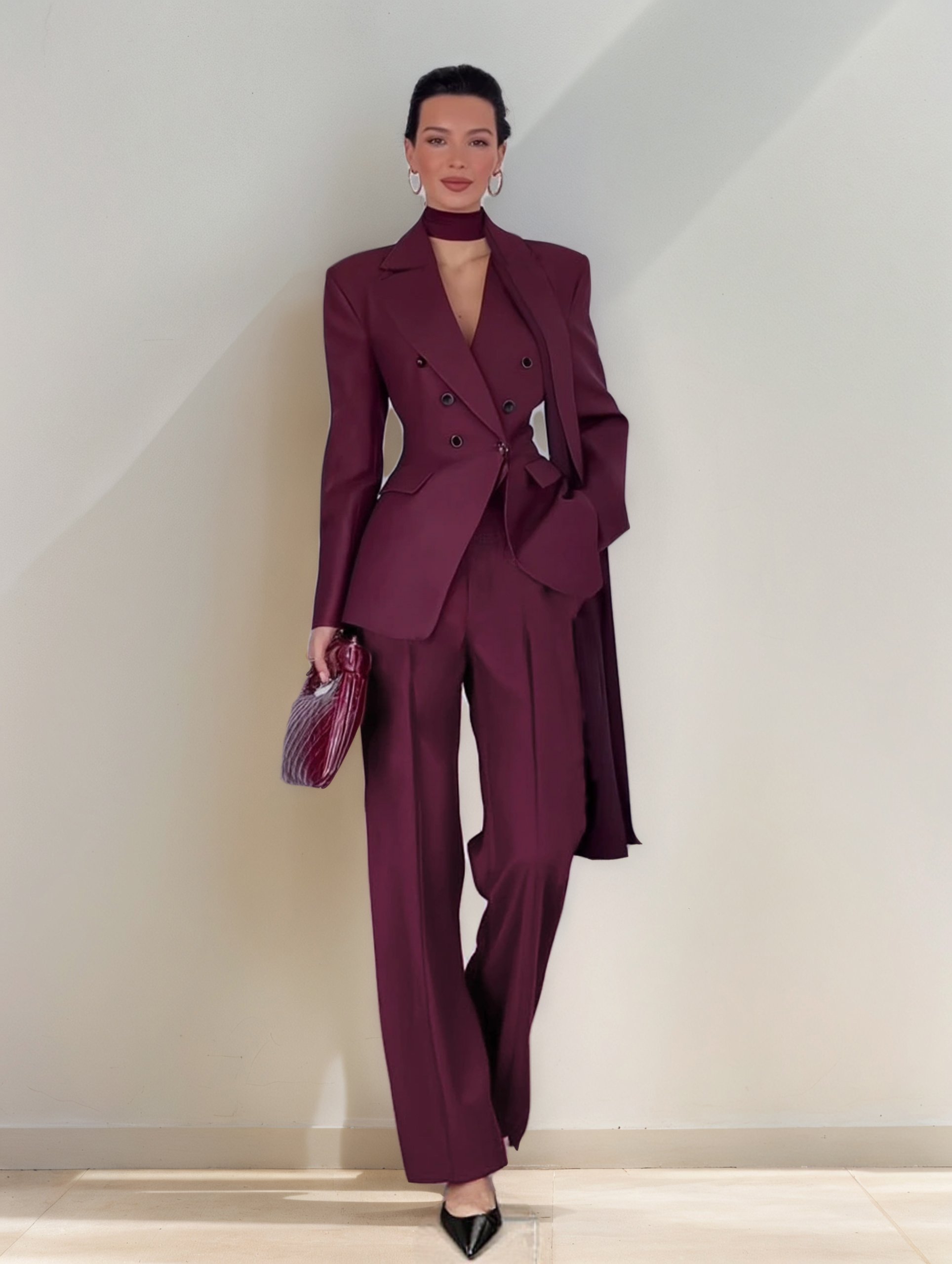 Women Wine Red Buckle Shoulder Pad Lapel Collar Long Sleeve Dressy Blazer With Pants Two-Piece Set