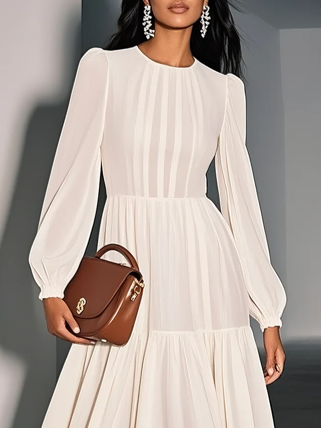 Off White Gathered Classic Crew Neck Long Sleeve Balloon Sleeve A-Line Midi Dress