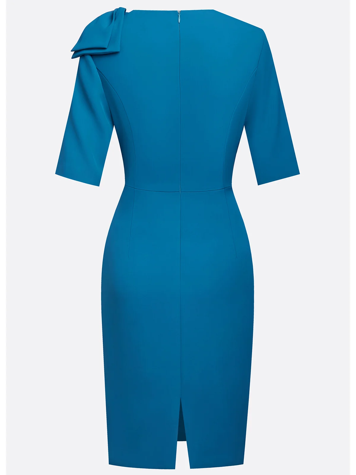 Cyan Bow Classic Crew Neck Half Sleeve Sheath Midi Dress