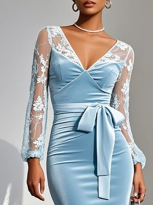 Light Blue Lace Velvet V Neck Long Sleeve Sheath Midi Dress