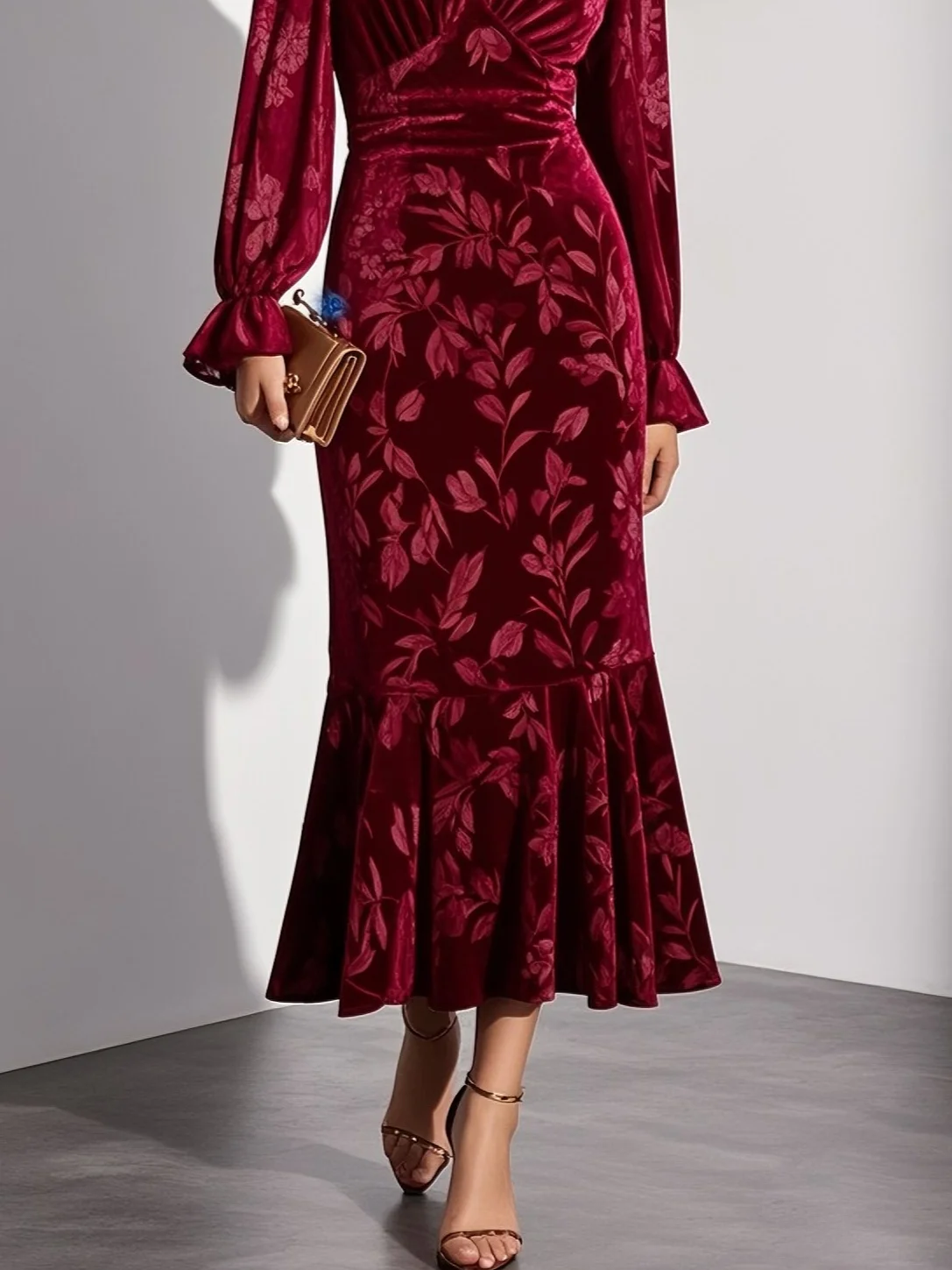 Wine Red Embossed Velvet V Neck Long Sleeve Bell Sleeve Mermaid Midi Dress