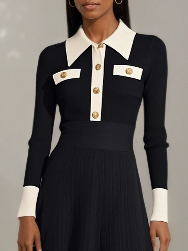 Black Buckle Sweater Shawl Collar Long Sleeve A-Line Midi Dress