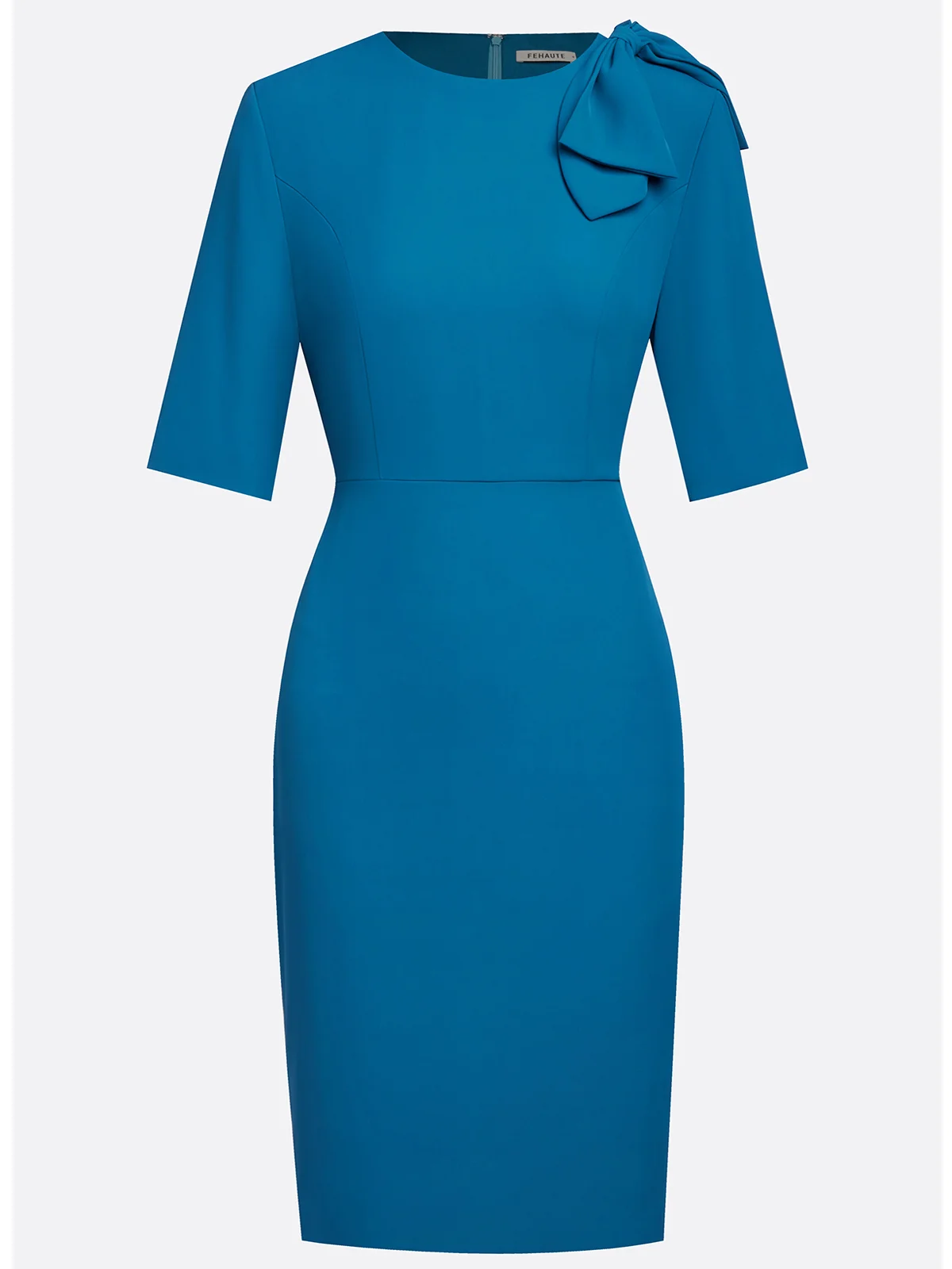 Cyan Bow Classic Crew Neck Half Sleeve Sheath Midi Dress