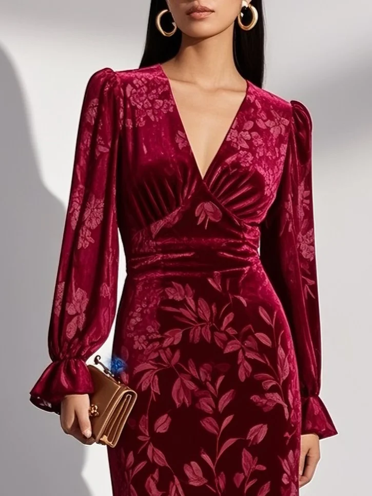 Wine Red Embossed Velvet V Neck Long Sleeve Bell Sleeve Mermaid Midi Dress