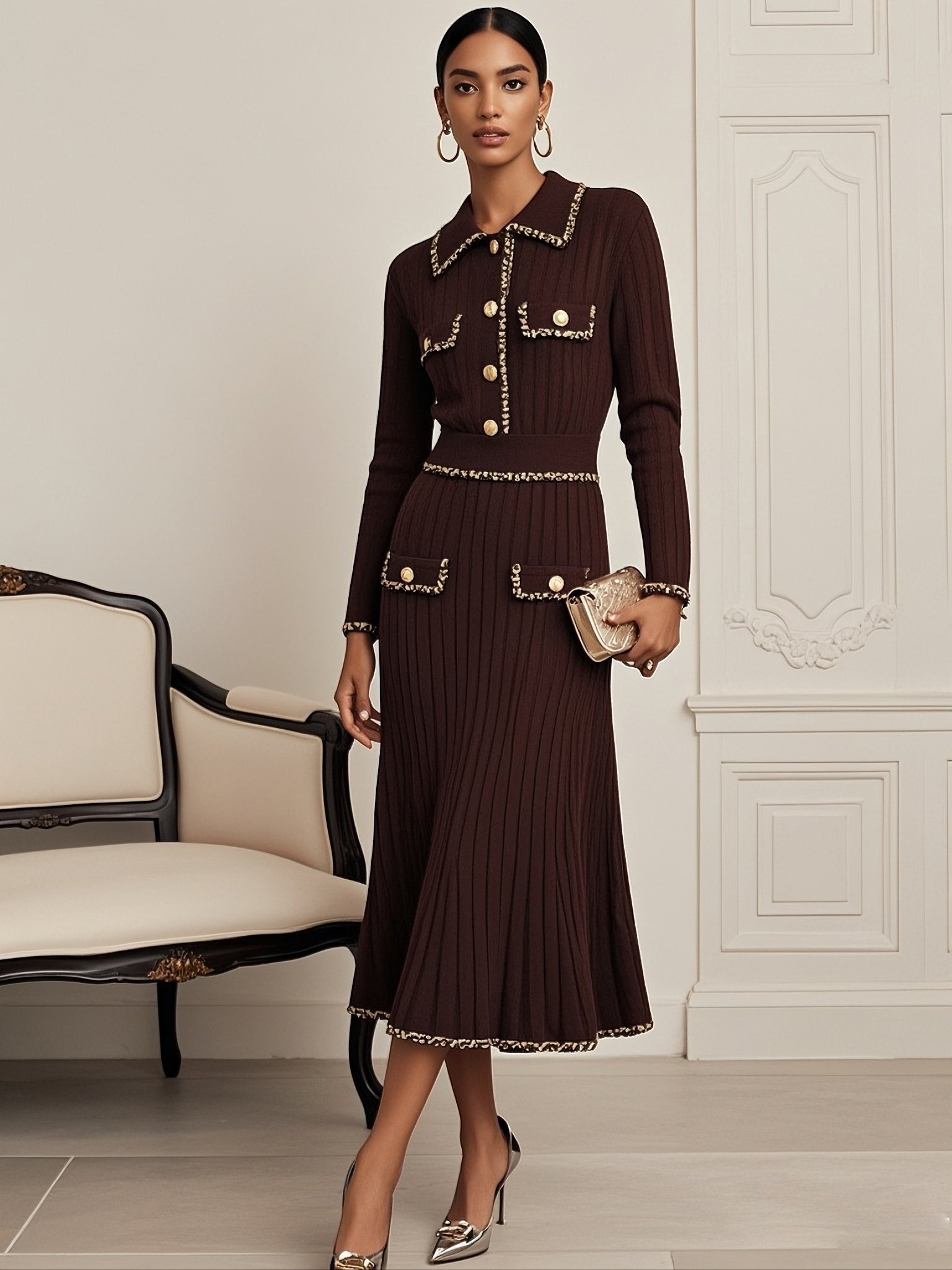 Red Brown Piping Buckle Sweater Shawl Collar Long Sleeve A-Line Midi Dress