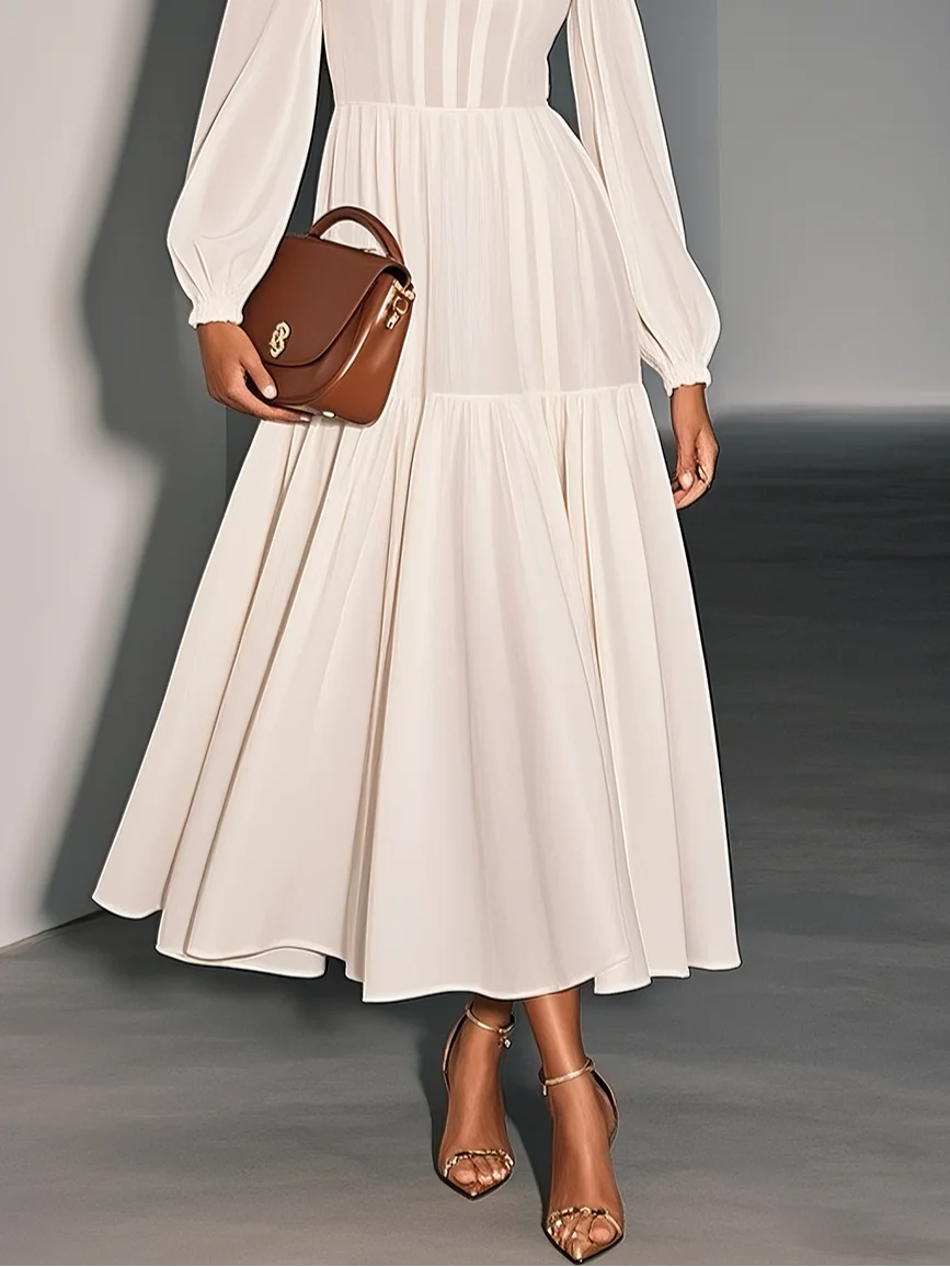 Off White Gathered Classic Crew Neck Long Sleeve Balloon Sleeve A-Line Midi Dress