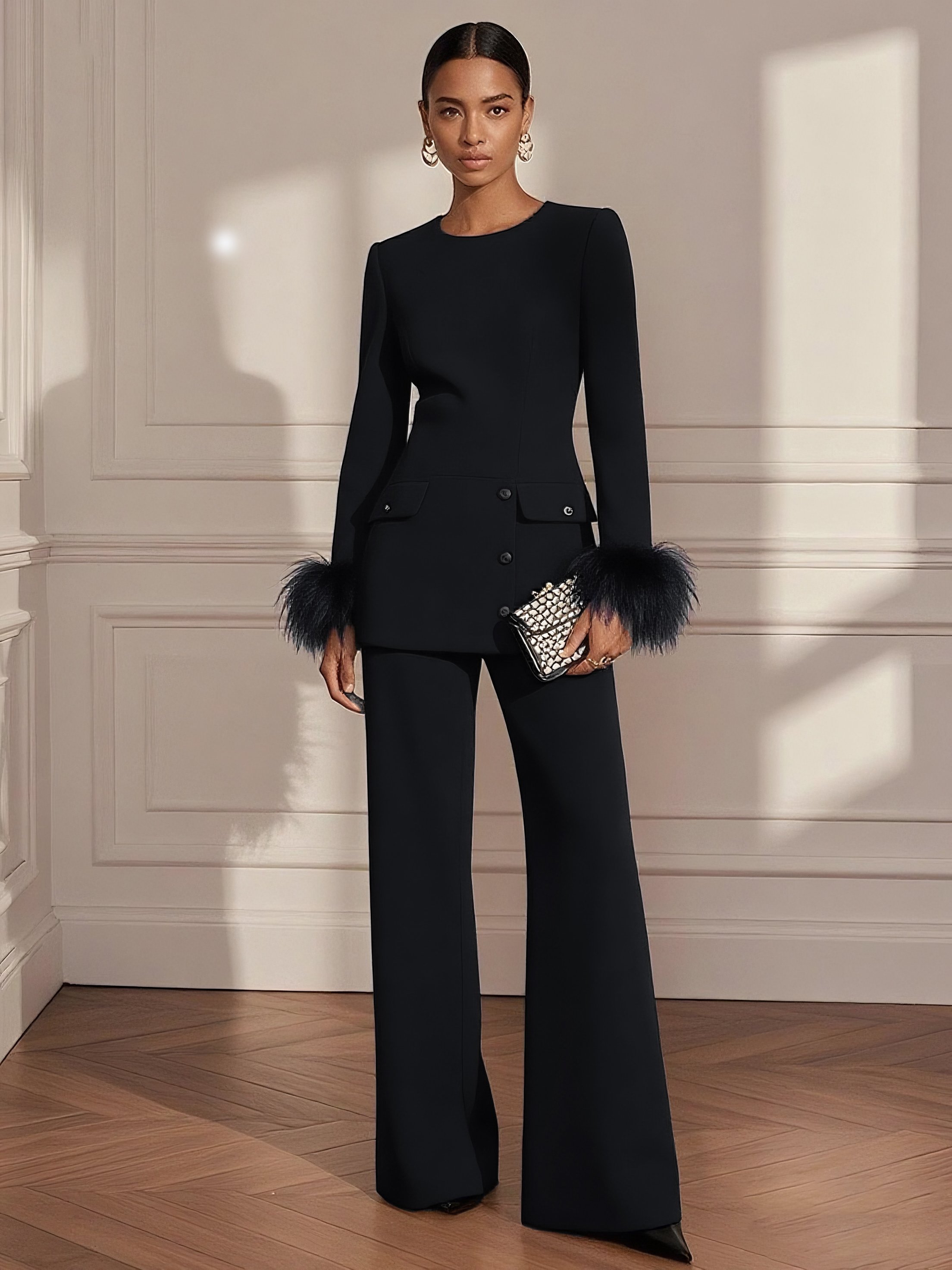 Women Black Feather-trimmed Crew Neck Long Sleeve Dressy Top With Pants Two-Piece Set