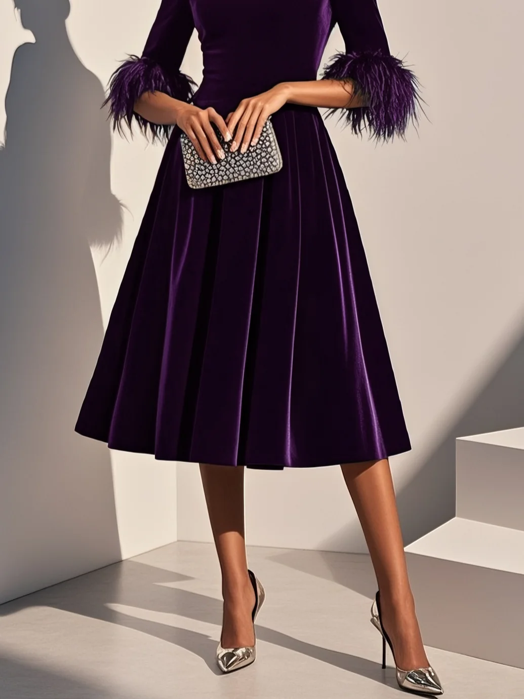 Purplish blue Feather-trimmed Velvet Crew Neck Half Sleeve A-Line Midi Dress