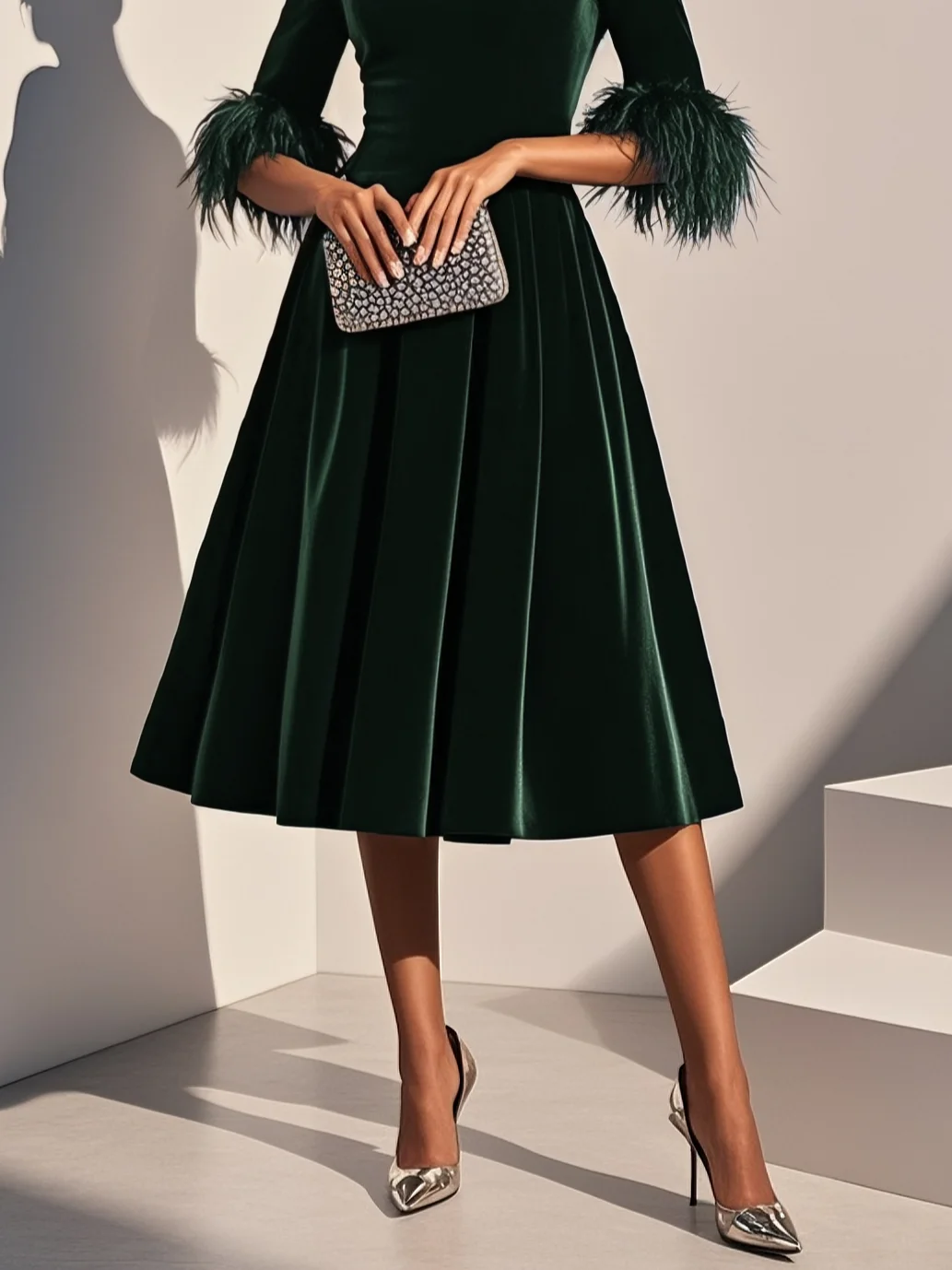 Purplish blue Feather-trimmed Velvet Crew Neck Half Sleeve A-Line Midi Dress