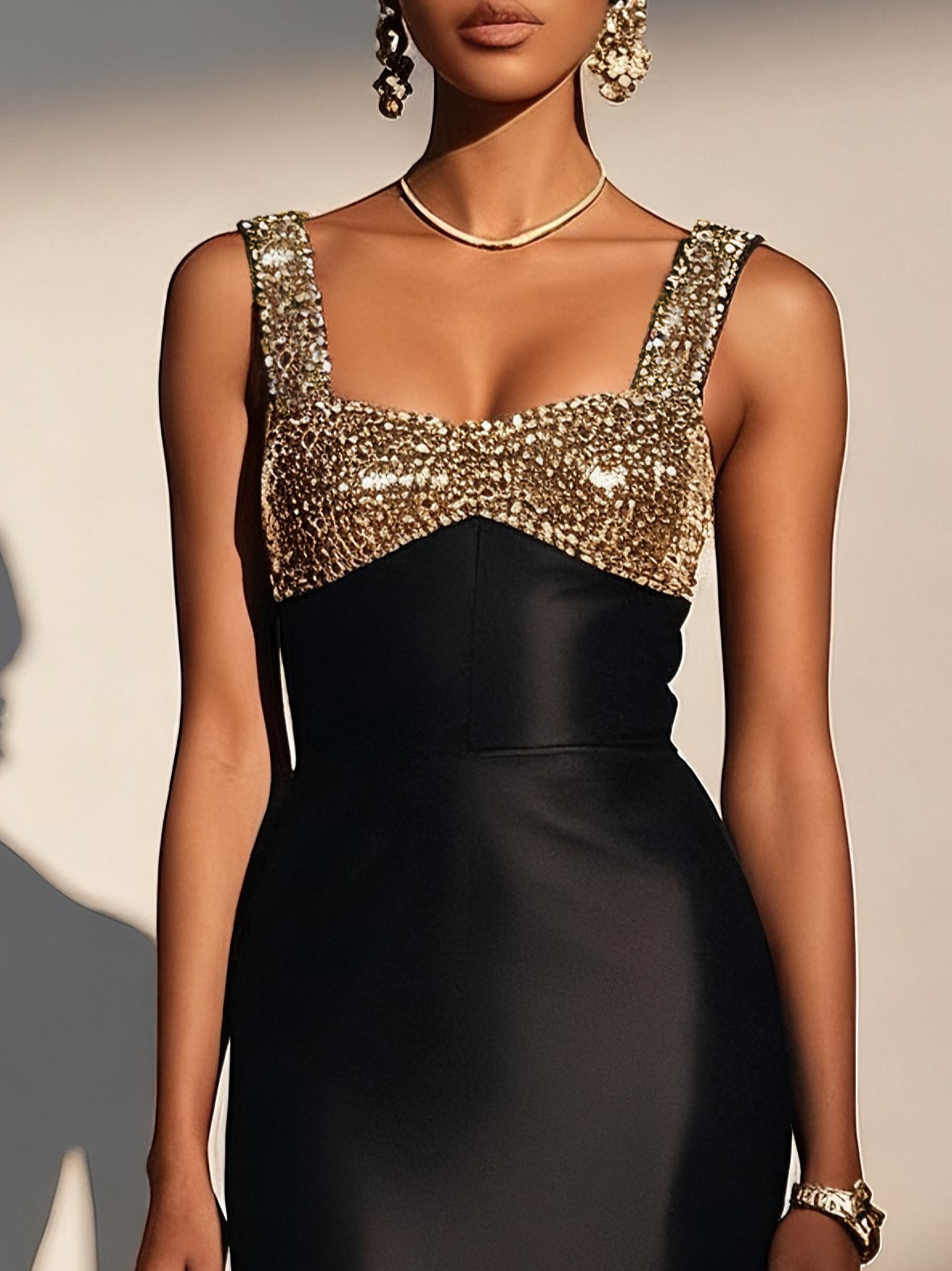Black Gold Sequin Glitter Satin Spaghetti Gallus Sheath Maxi Dress