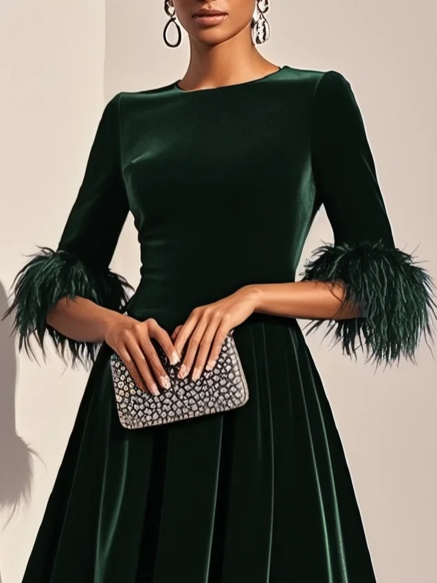 Purplish blue Feather-trimmed Velvet Crew Neck Half Sleeve A-Line Midi Dress