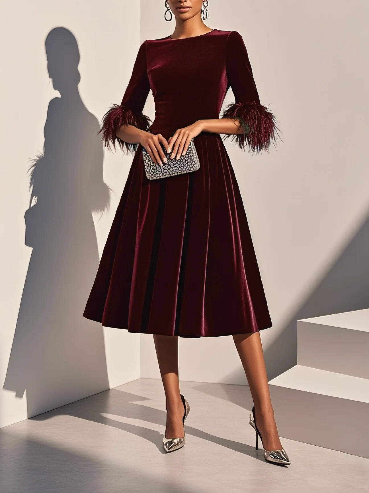 Wine Red Feather-trimmed Velvet Crew Neck Half Sleeve A-Line Midi Dress
