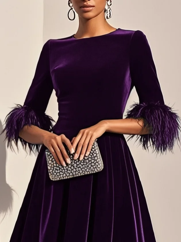 Purplish blue Feather-trimmed Velvet Crew Neck Half Sleeve A-Line Midi Dress