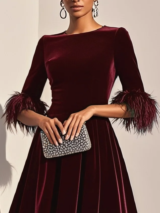 Wine Red Feather-trimmed Velvet Crew Neck Half Sleeve A-Line Midi Dress