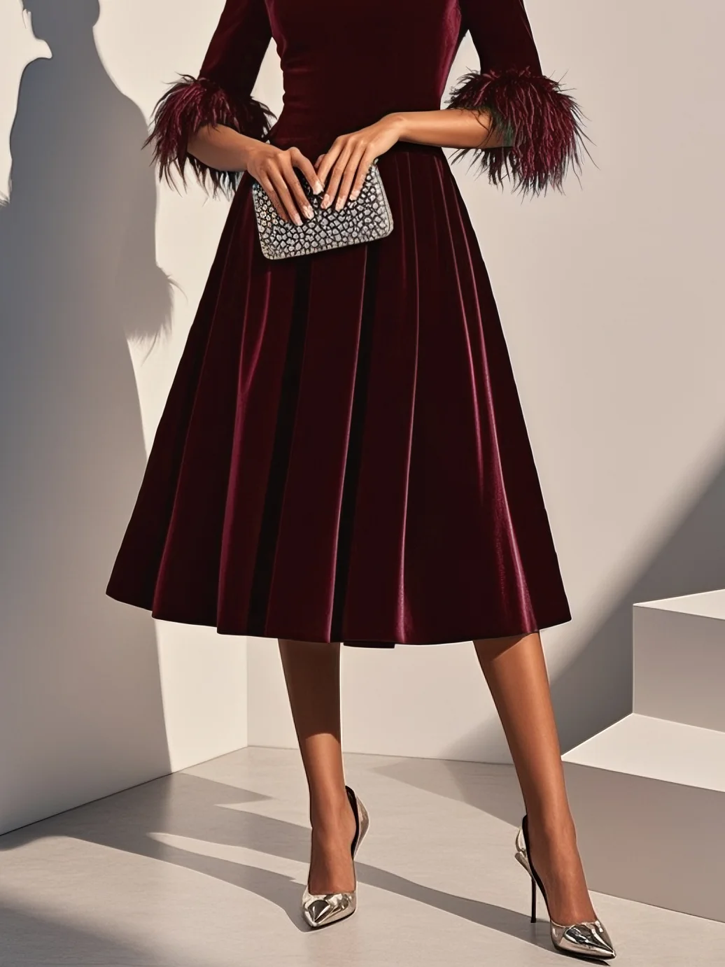 Wine Red Feather-trimmed Velvet Crew Neck Half Sleeve A-Line Midi Dress