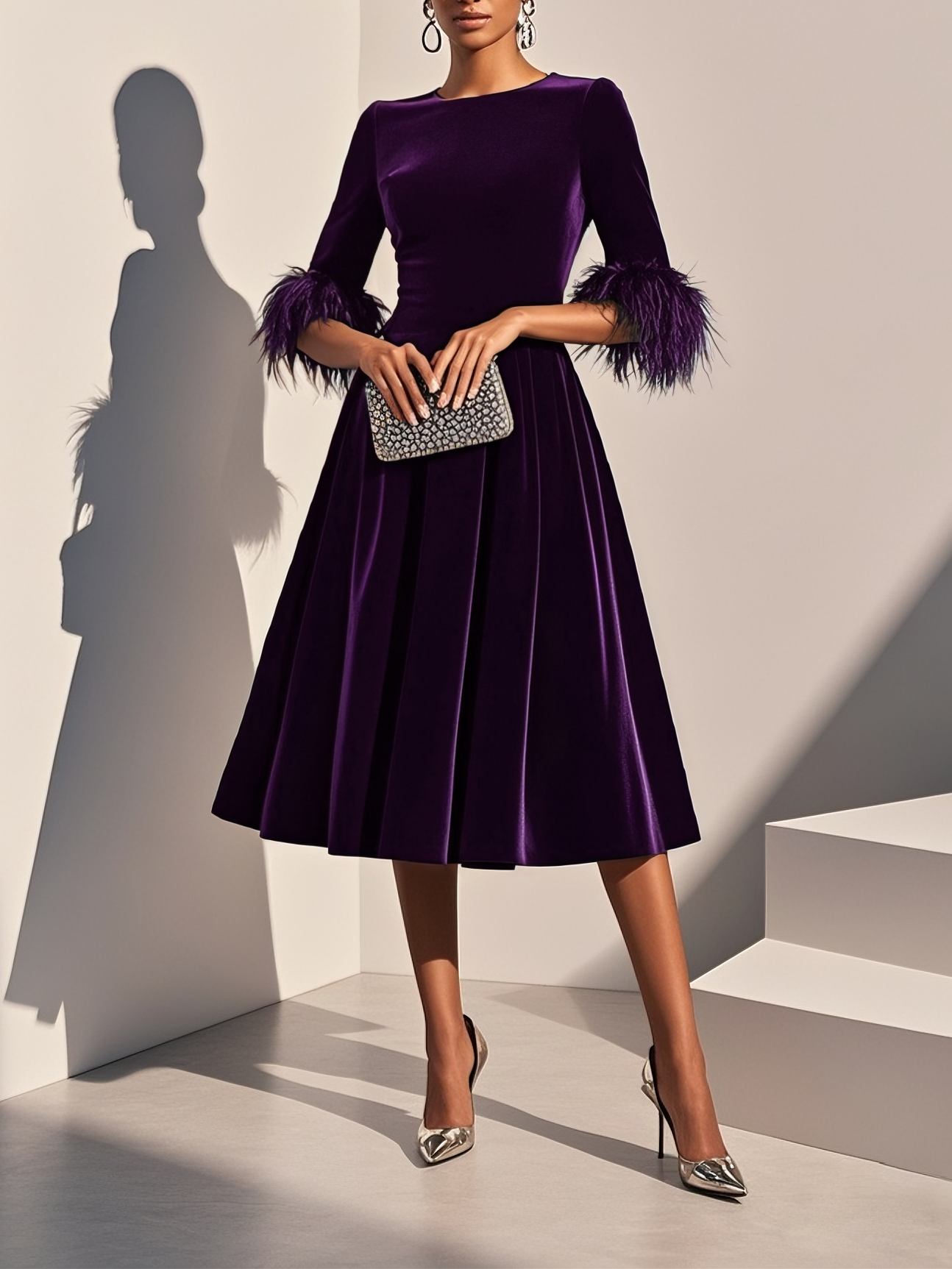 Purplish blue Feather-trimmed Velvet Crew Neck Half Sleeve A-Line Midi Dress
